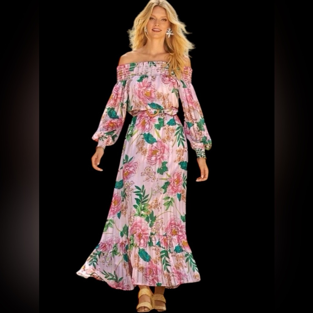 Boston Proper Pink Floral Off-Shoulder Maxi Dress